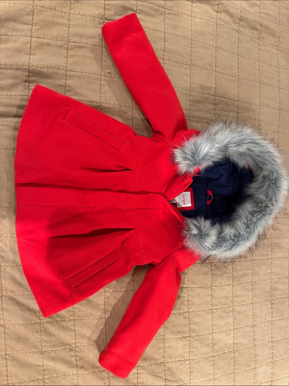 Cat & Jack Red Girls' Hooded Pea Coat with Faux-Fur Trim
